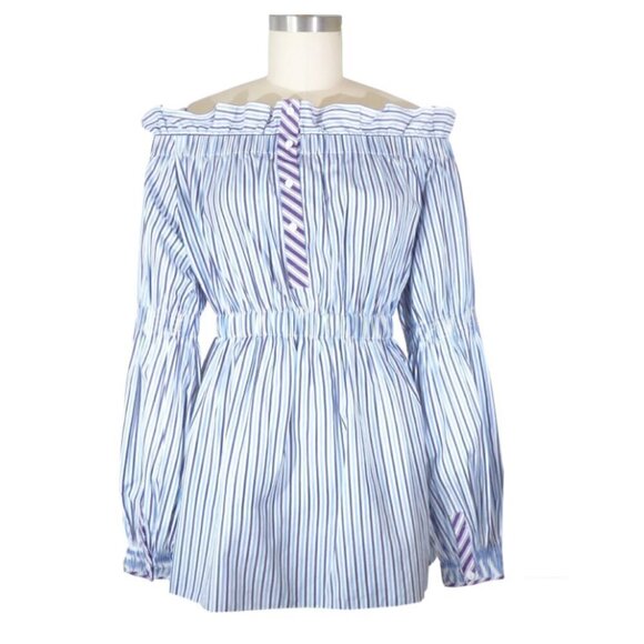 Teija Striped Off Shoulder Top Blue White 12 preppy academia Business casual - Picture 1 of 9